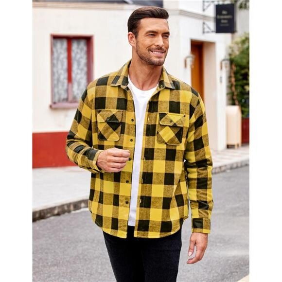 Men's Sherpa Lined Flannel Shirt Jacket Yellow Black - Picture 4 of 6